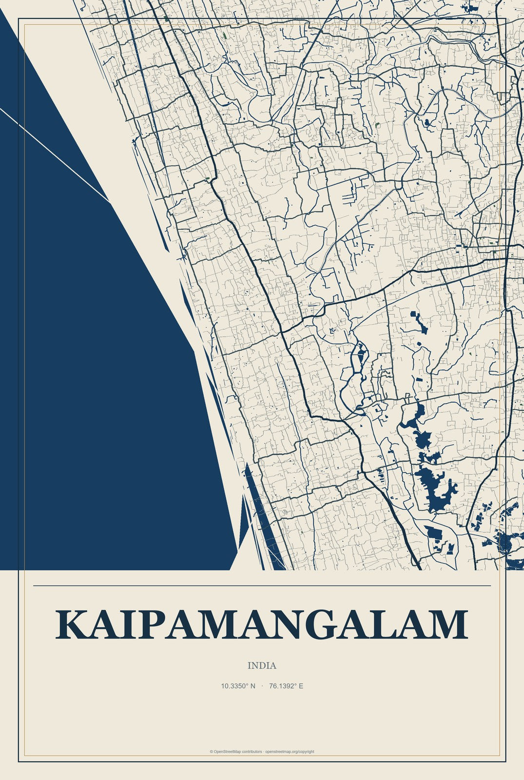Kaipamangalam, India City Map Aluminum Sign in Coastal Cutout style