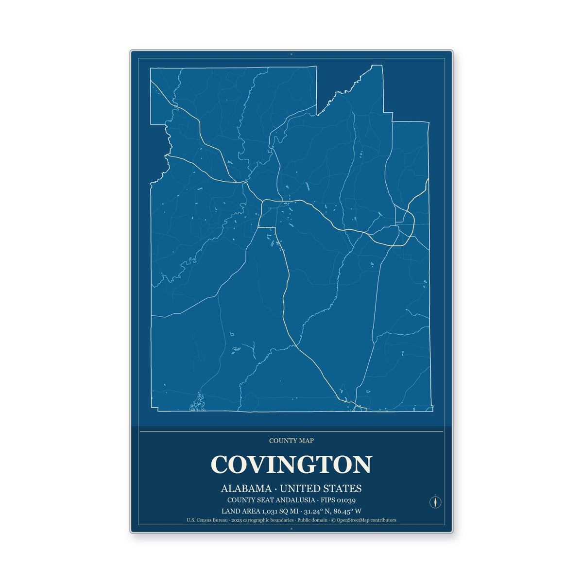 Covington County, Alabama Map Aluminum Sign in Harbor Cobalt style