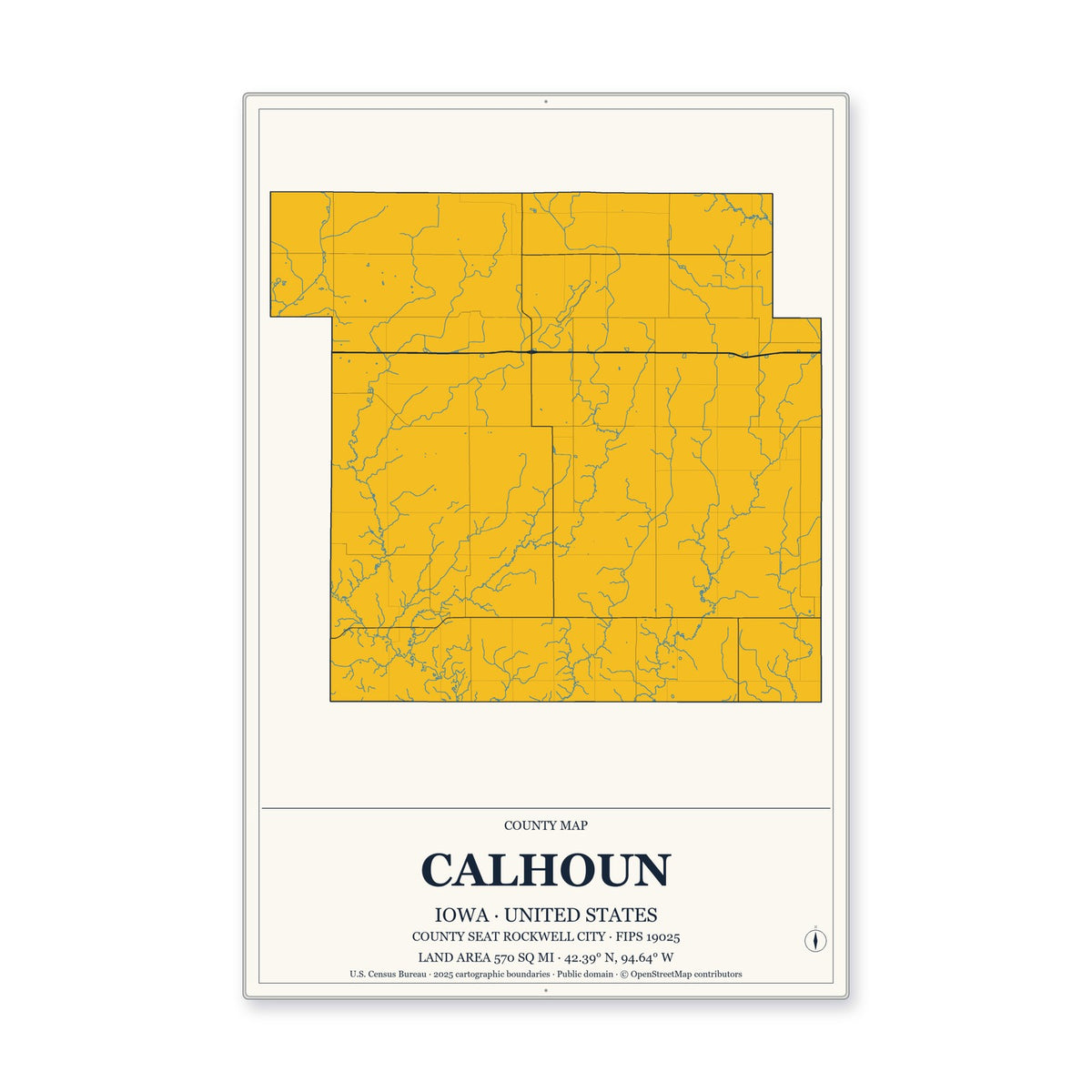 Calhoun County, Iowa Map Aluminum Sign in Citrine Modern style