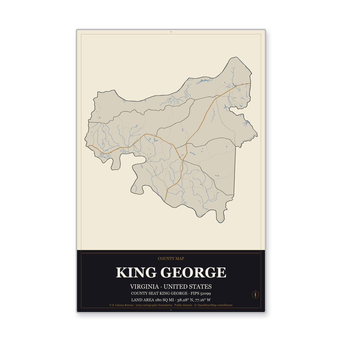King George County, Virginia Map Aluminum Sign in Museum Plaque style
