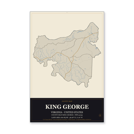 King George County, Virginia Map Aluminum Sign in Museum Plaque style