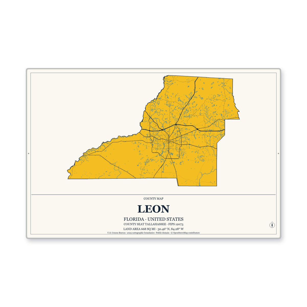 Leon County, Florida Map Aluminum Sign in Citrine Modern style