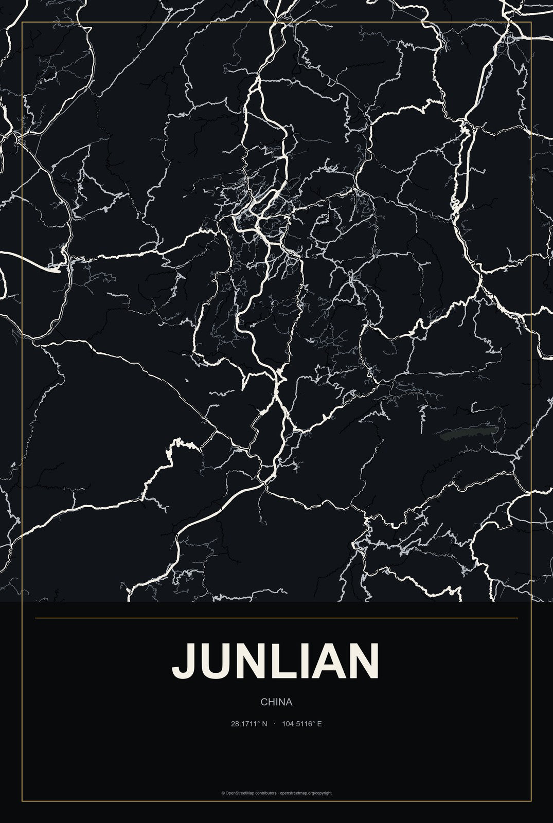 Junlian, China City Map Aluminum Sign in Metropolitan Noir style
