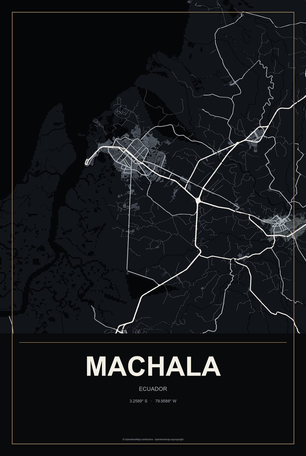 Machala, Ecuador City Map Aluminum Sign in Metropolitan Noir style