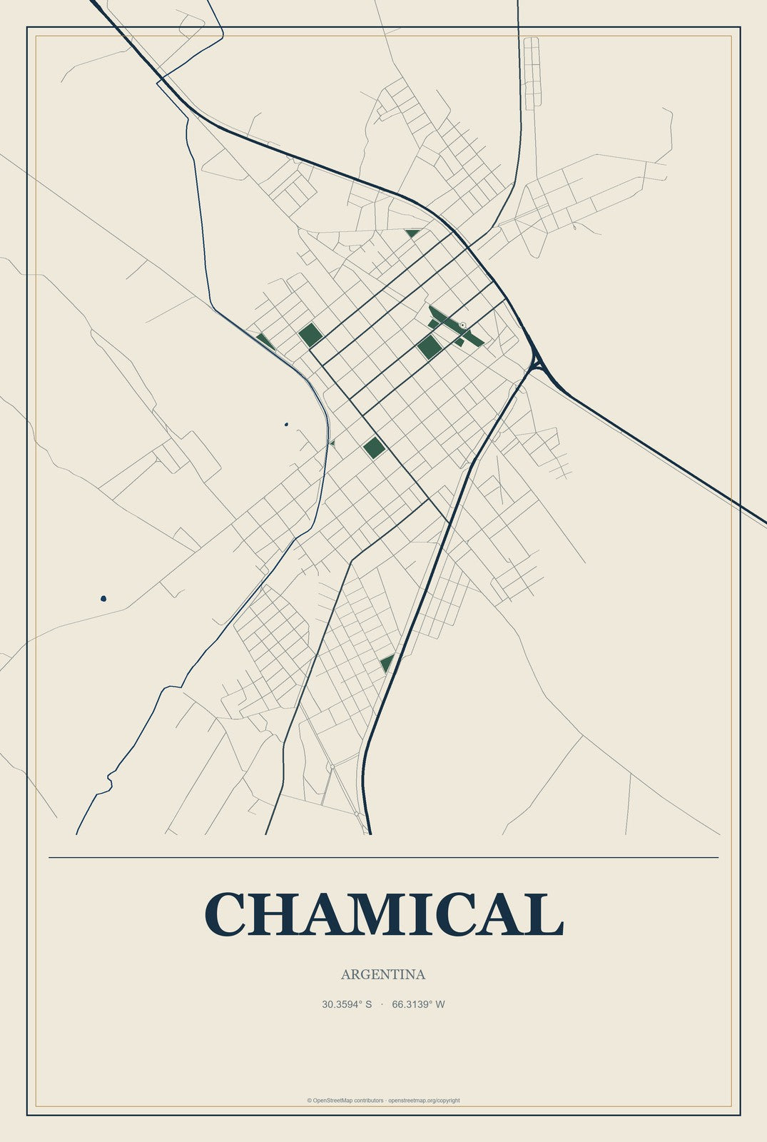 Chamical, Argentina City Map Aluminum Sign in Coastal Cutout style
