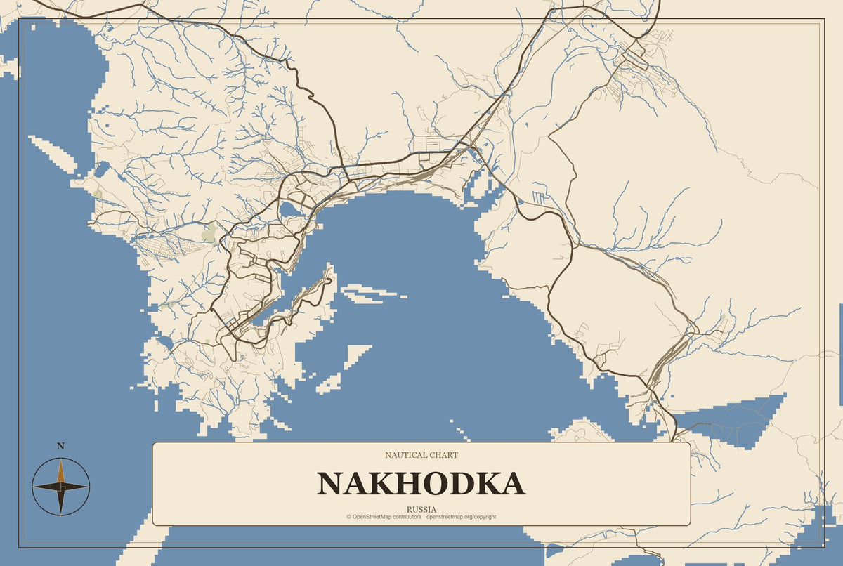 Nakhodka, Russia City Map Aluminum Sign in Heritage Nautical style