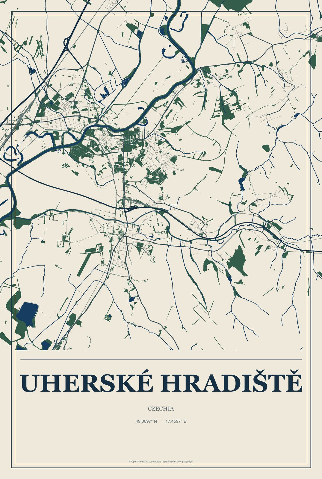 Uherské Hradiště, Czechia City Map Aluminum Sign in Coastal Cutout style