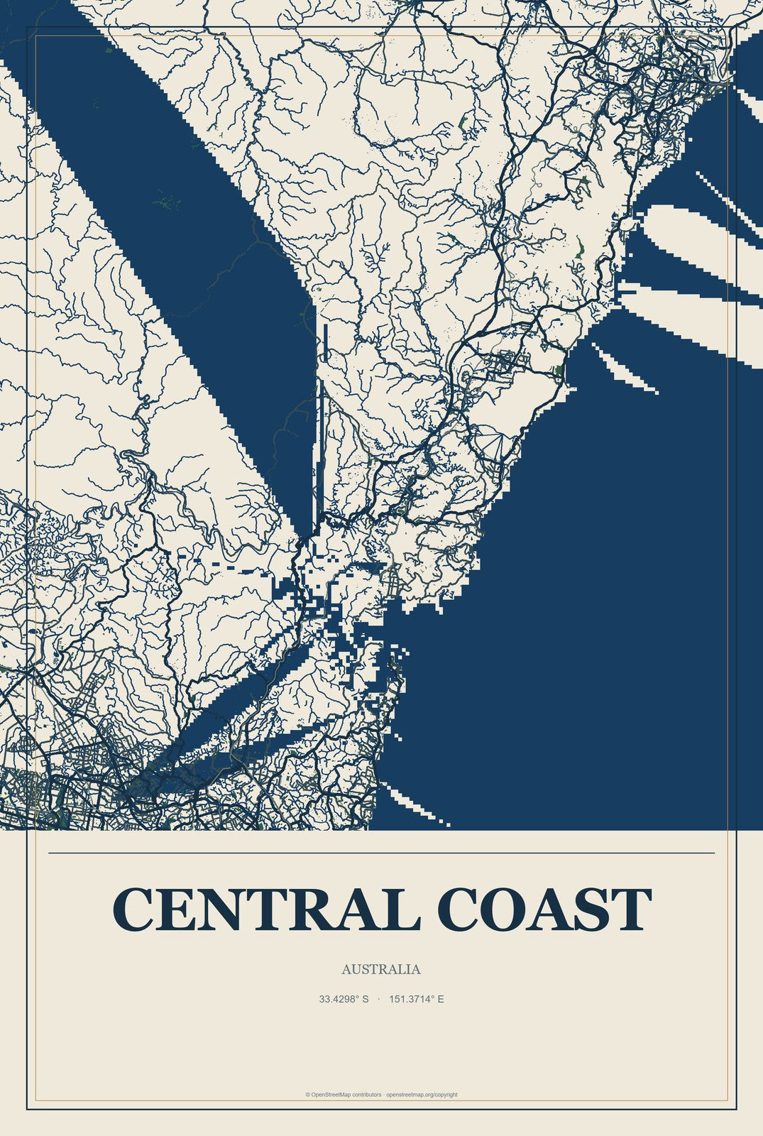 Central Coast, Australia City Map Aluminum Sign in Coastal Cutout style