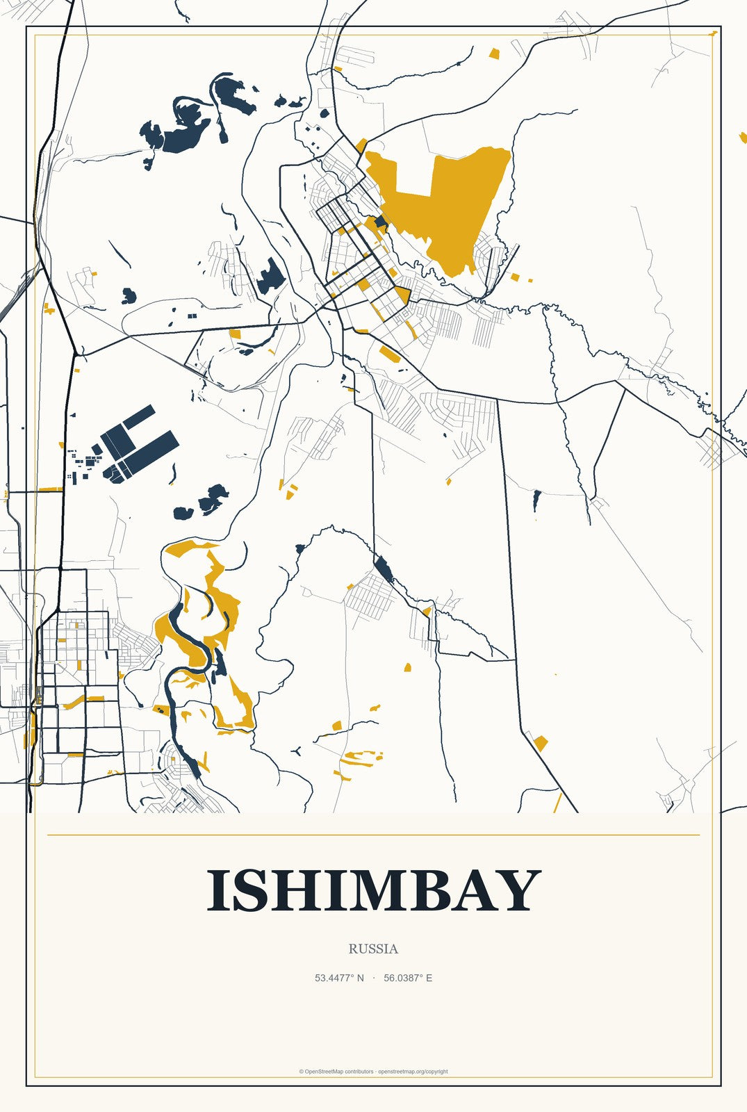 Ishimbay, Russia City Map Aluminum Sign in Citrine Modern style