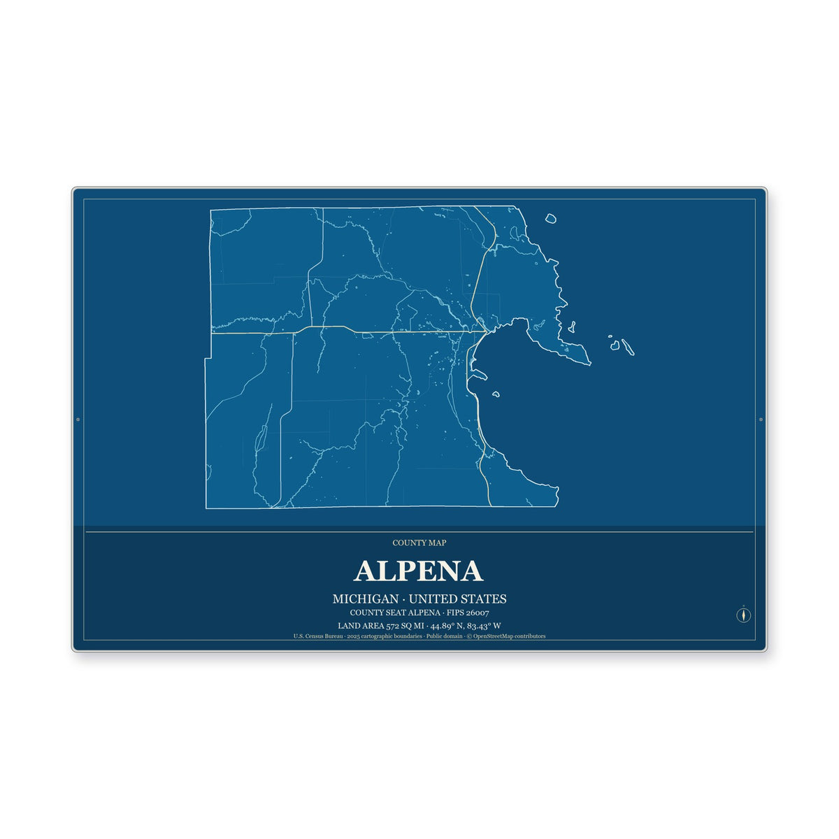 Alpena County, Michigan Map Aluminum Sign in Harbor Cobalt style