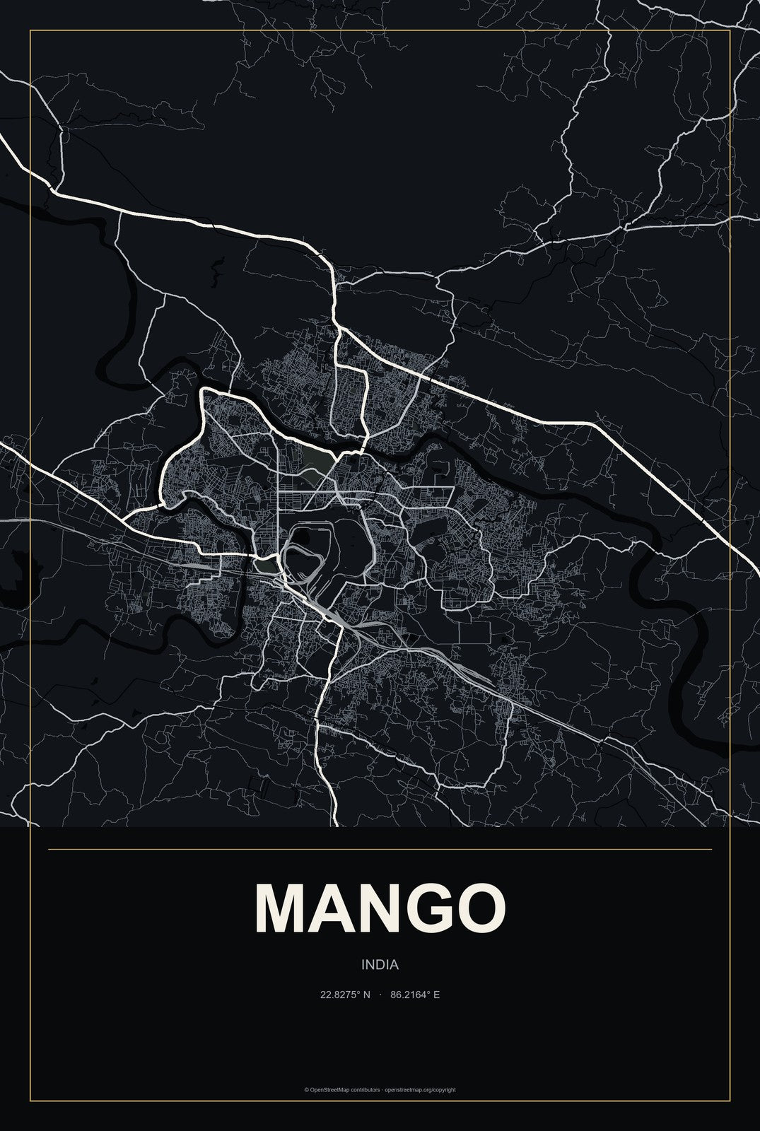 Mango, India City Map Aluminum Sign in Metropolitan Noir style
