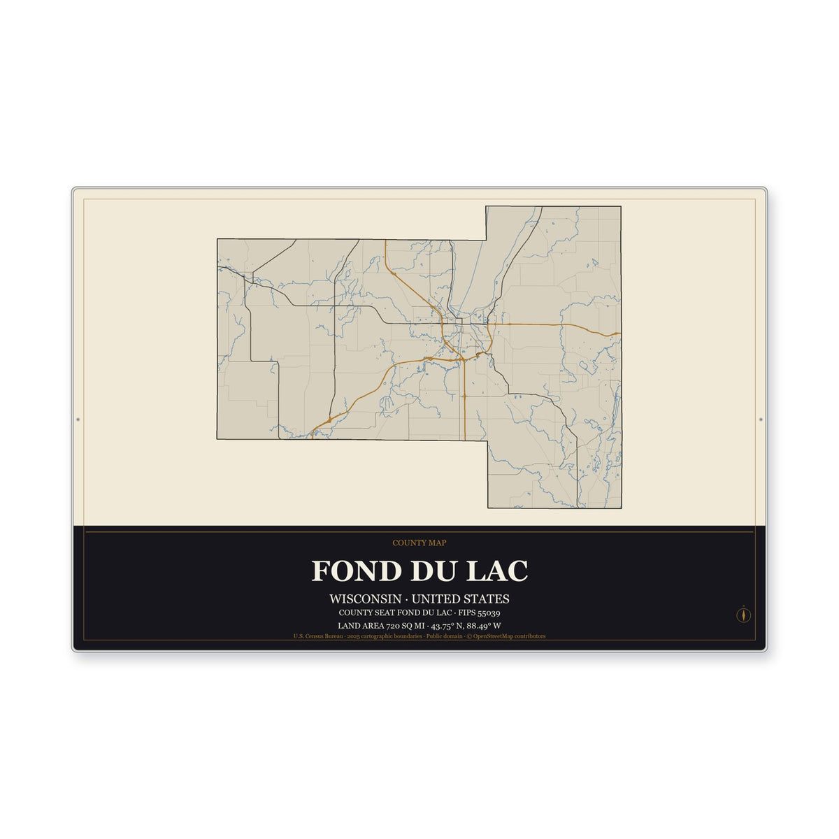 Fond du Lac County, Wisconsin Map Aluminum Sign in Museum Plaque style