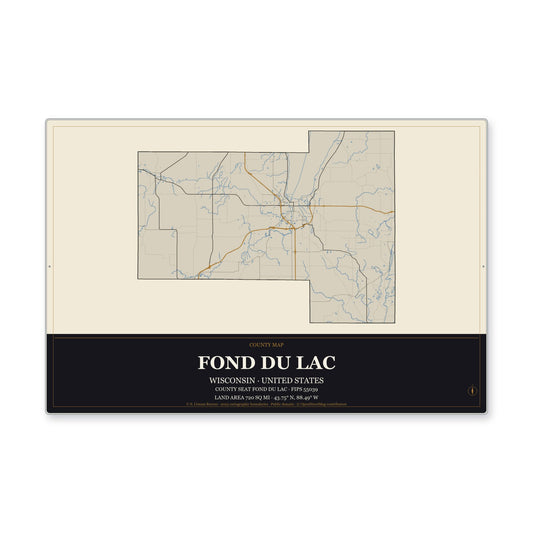 Fond du Lac County, Wisconsin Map Aluminum Sign in Museum Plaque style