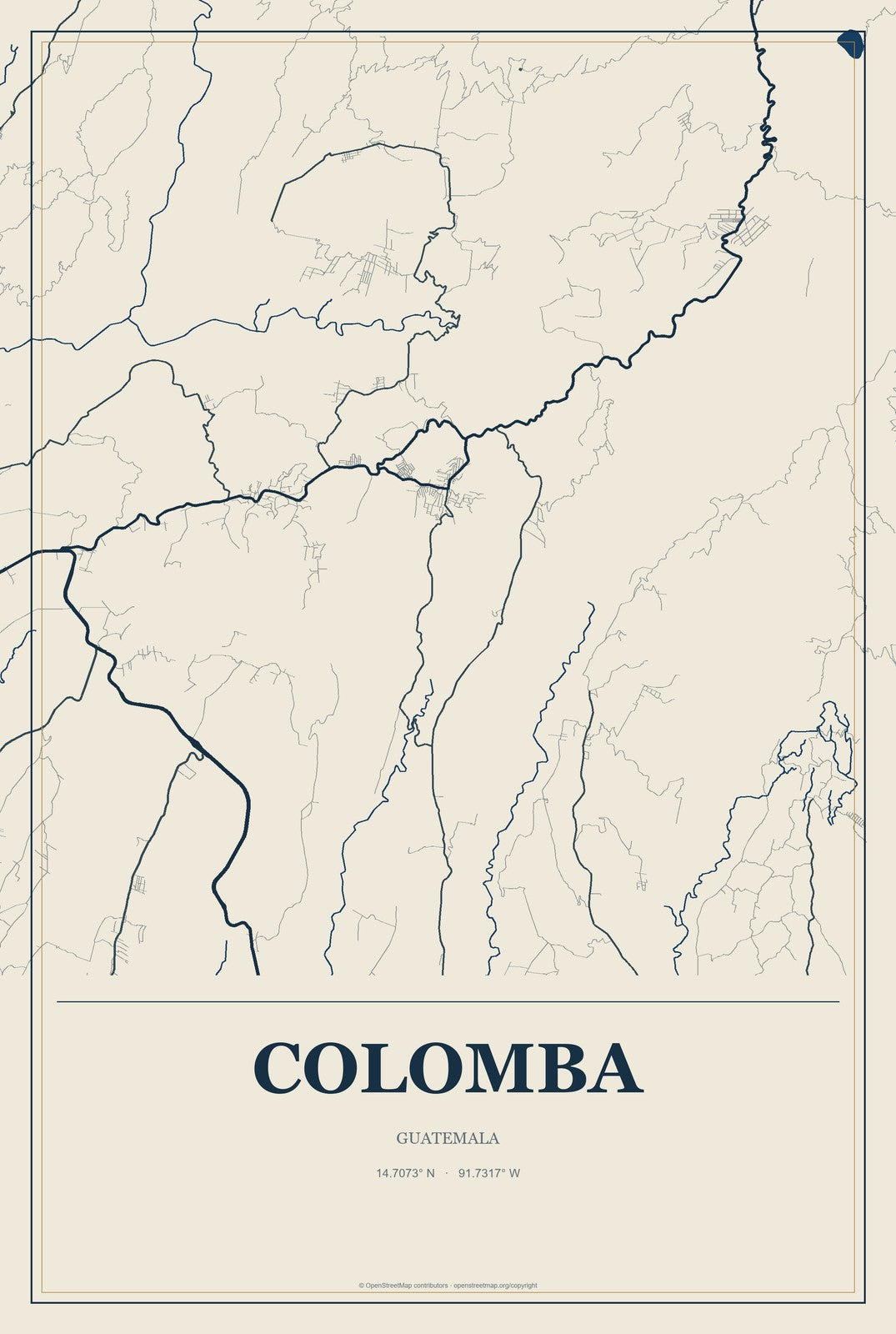 Colomba, Guatemala City Map Aluminum Sign in Coastal Cutout style