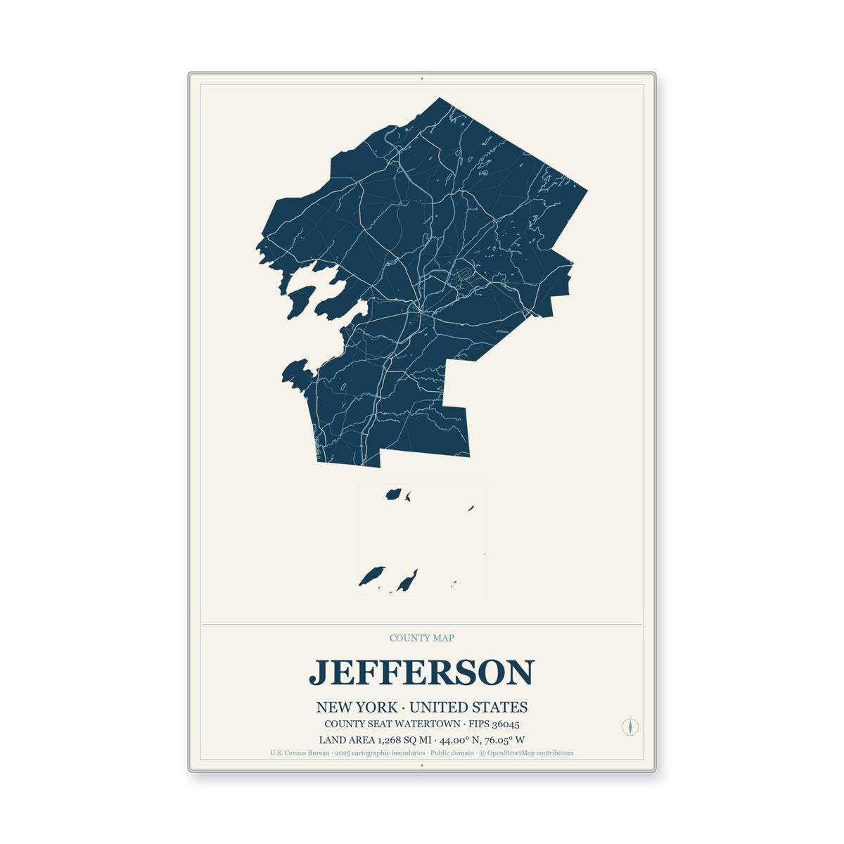 Jefferson County, New York Map Aluminum Sign in Coastal Cutout style
