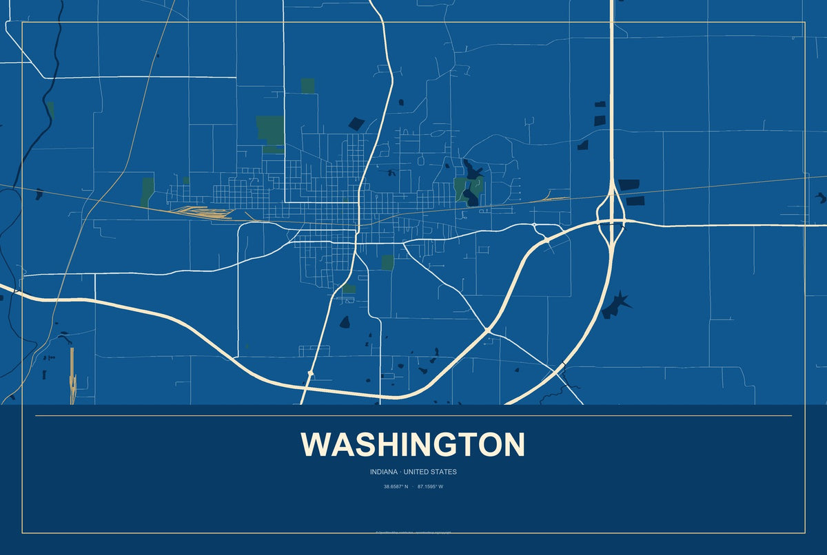 Washington, Indiana City Map Aluminum Sign in Harbor Cobalt style