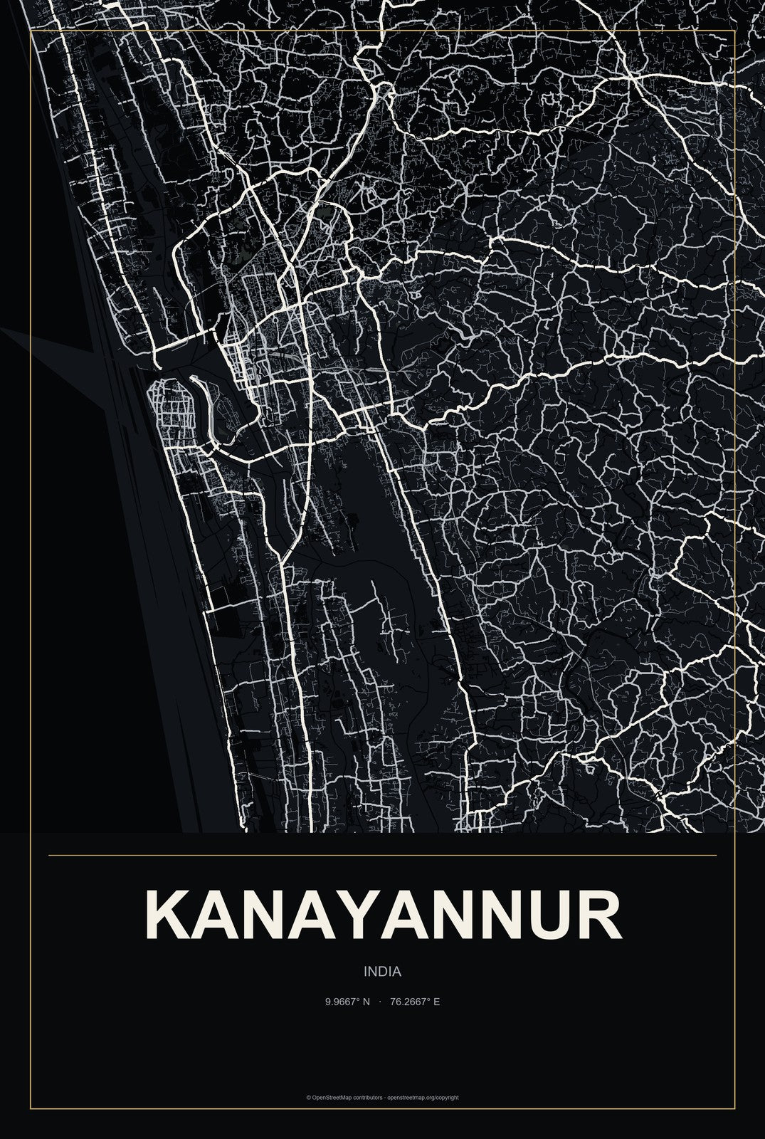 Kanayannur, India City Map Aluminum Sign in Metropolitan Noir style