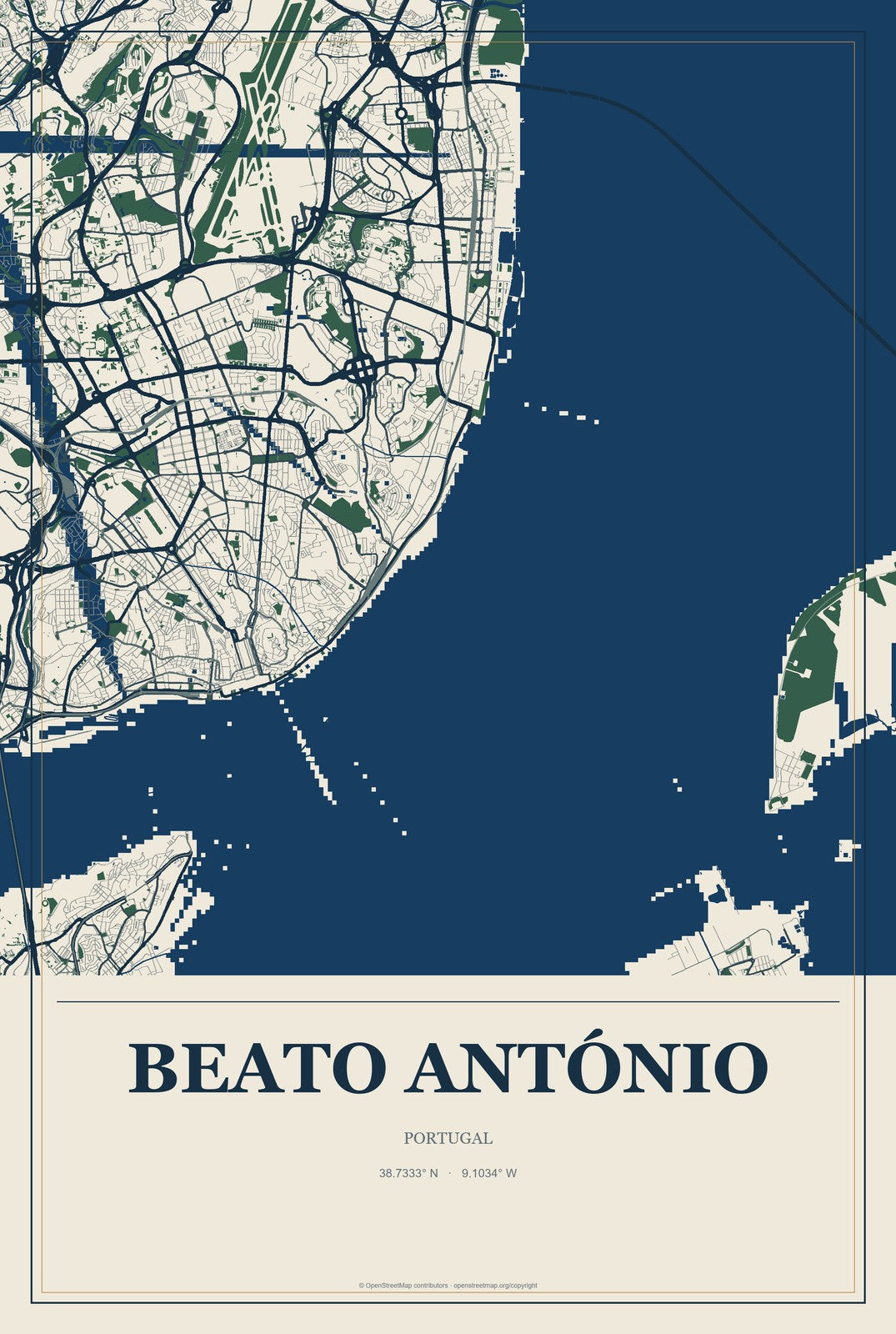 Beato António, Portugal City Map Aluminum Sign in Coastal Cutout style