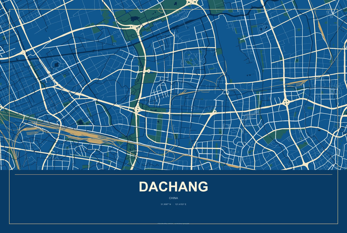 Dachang, Shanghai, China City Map Aluminum Sign in Harbor Cobalt style
