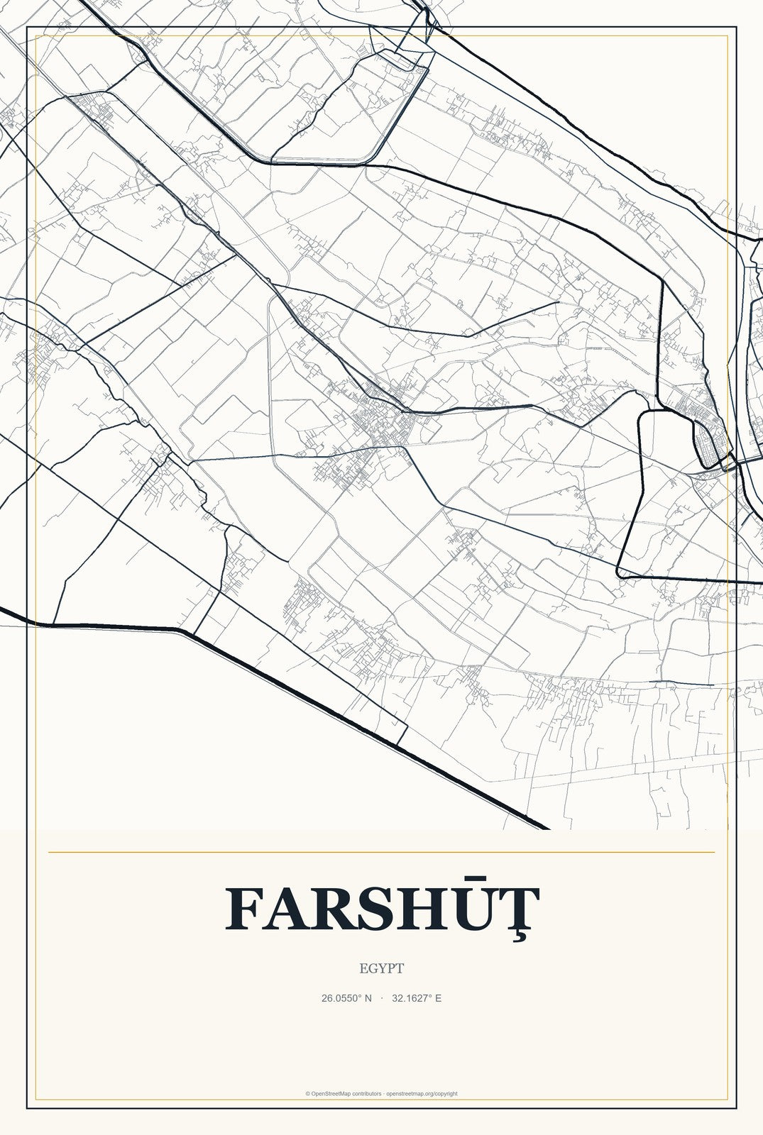 Farshūţ, Egypt City Map Aluminum Sign in Citrine Modern style