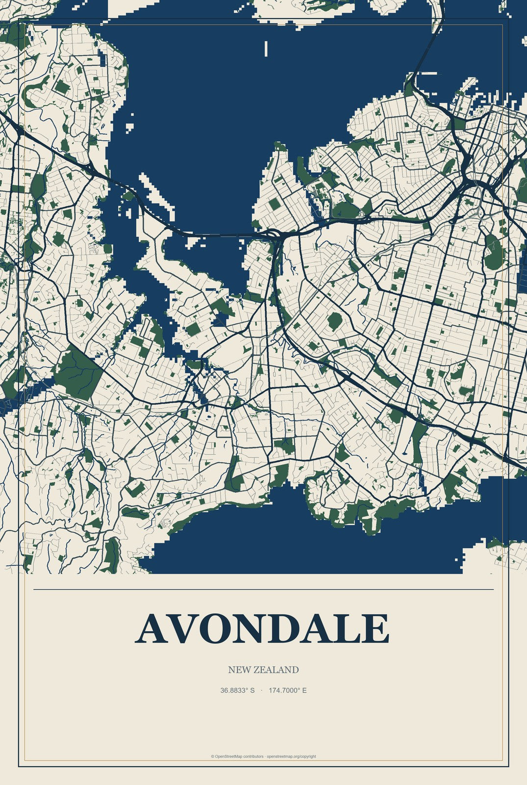 Avondale, New Zealand City Map Aluminum Sign in Coastal Cutout style