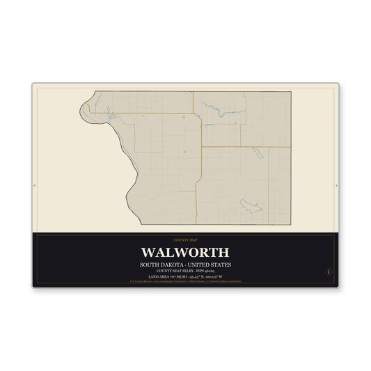 Walworth County, South Dakota Map Aluminum Sign in Museum Plaque style