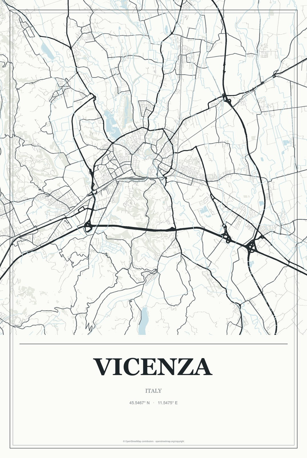 Vicenza, Italy City Map Aluminum Sign in Gallery Air style