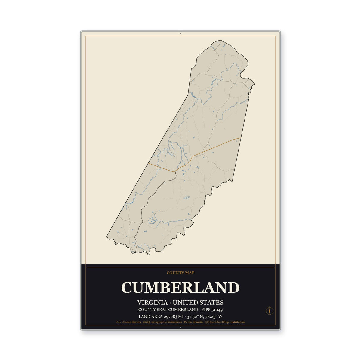 Cumberland County, Virginia Map Aluminum Sign in Museum Plaque style
