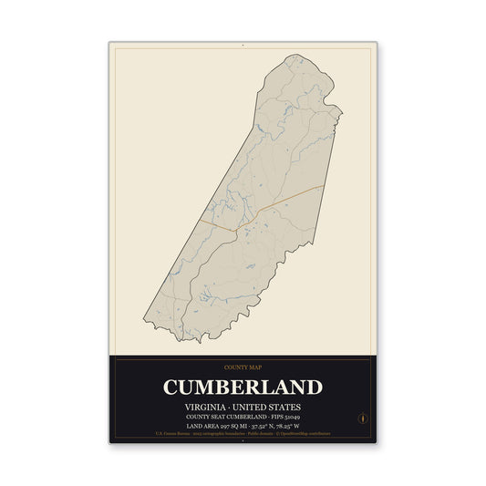 Cumberland County, Virginia Map Aluminum Sign in Museum Plaque style
