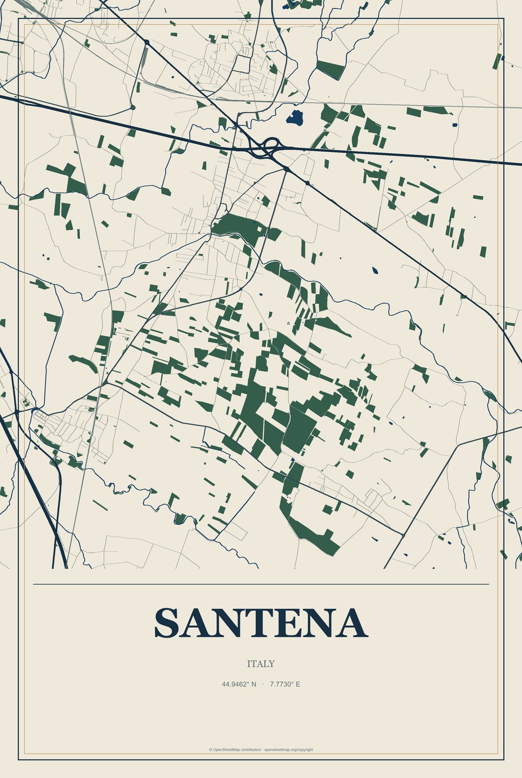 Santena, Italy City Map Aluminum Sign in Coastal Cutout style