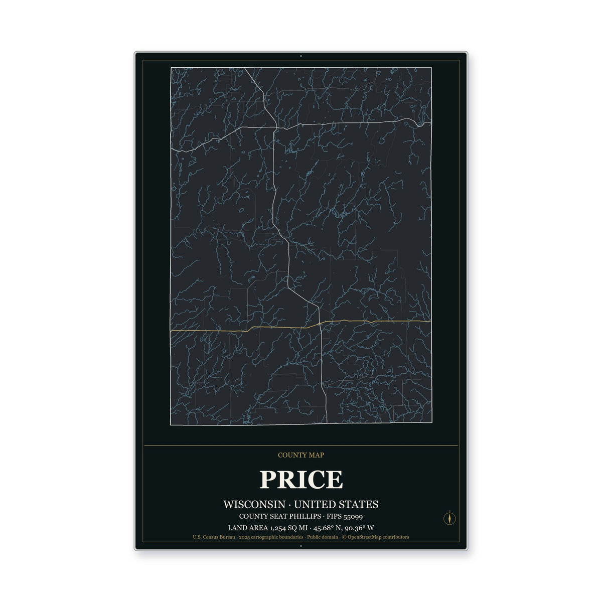 Price County, Wisconsin Map Aluminum Sign in Metropolitan Noir style
