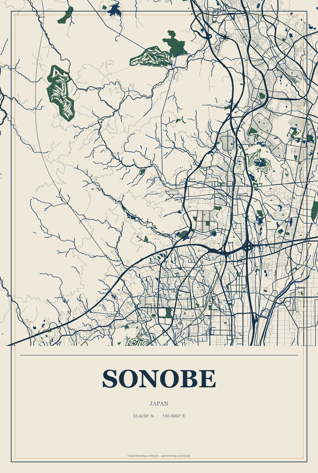Sonobe, Japan City Map Aluminum Sign in Coastal Cutout style