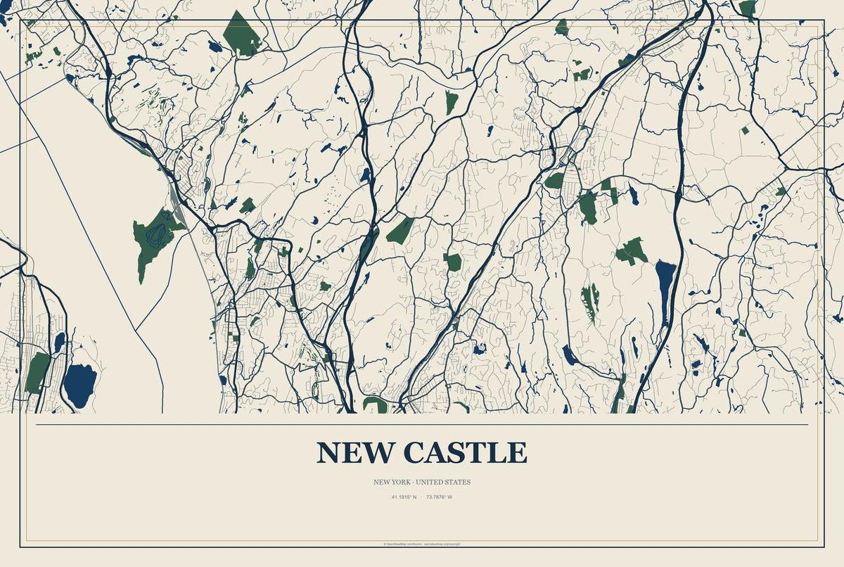 New Castle, New York City Map Aluminum Sign in Coastal Cutout style