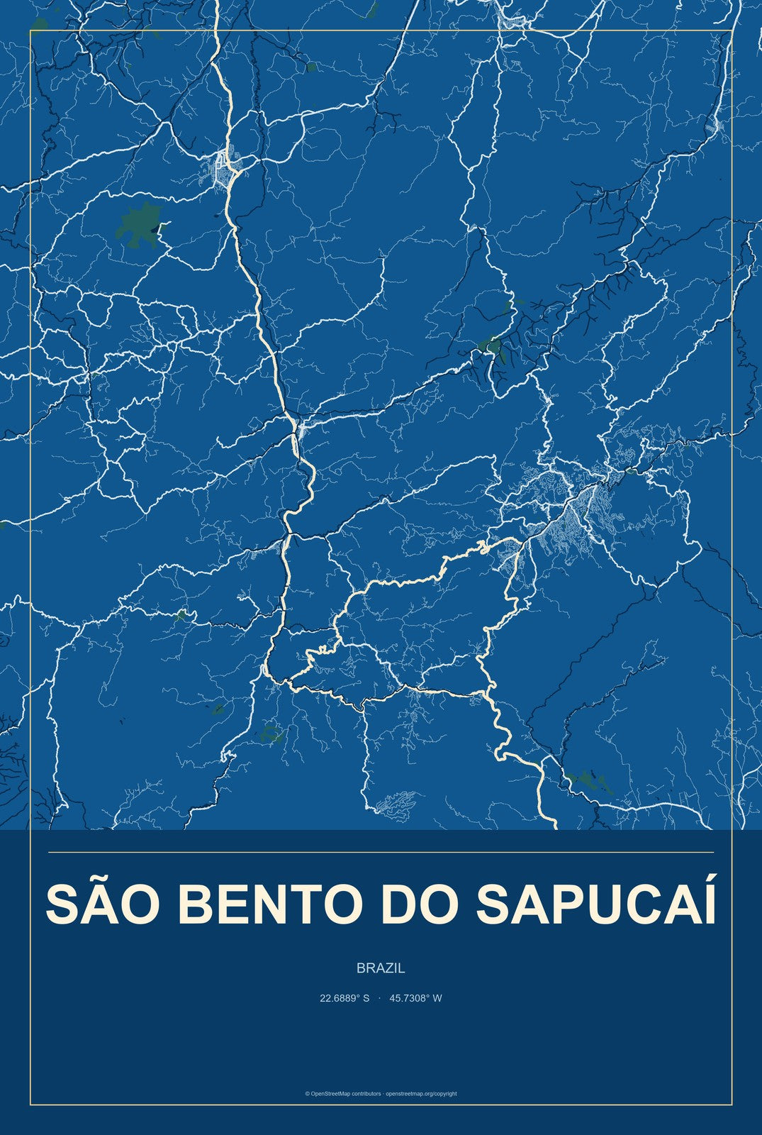 São Bento do Sapucaí, Brazil City Map Aluminum Sign in Harbor Cobalt style