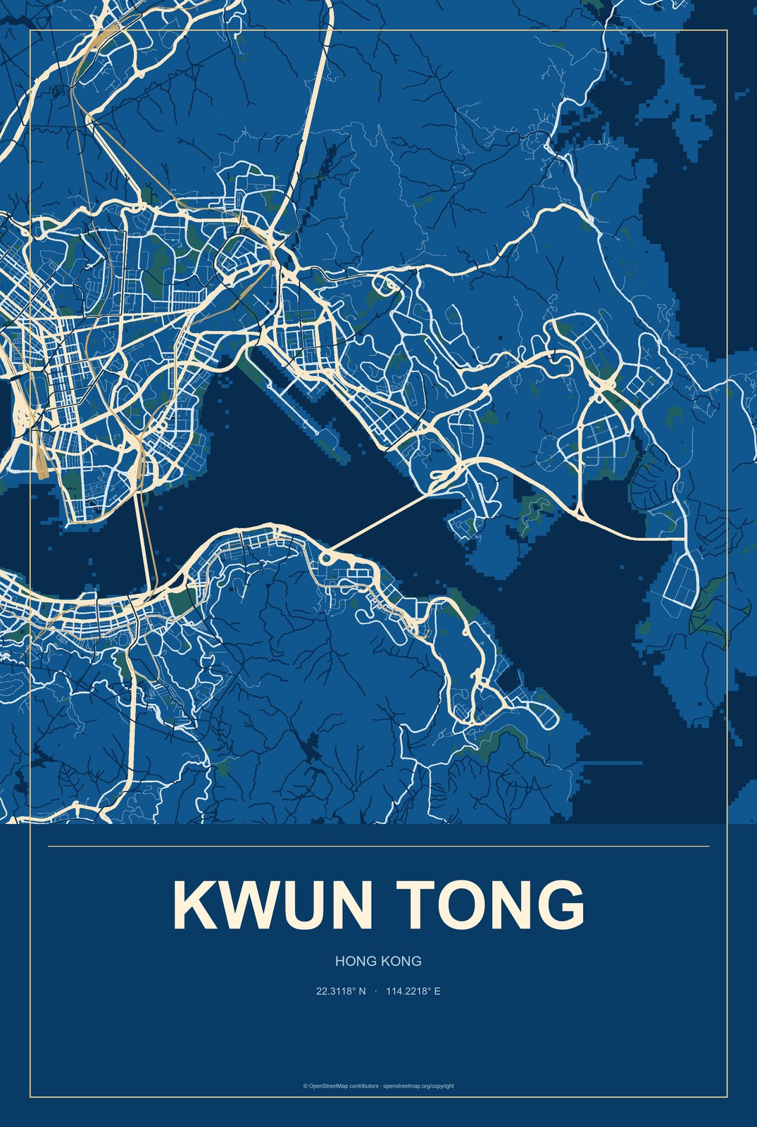 Kwun Tong, Hong Kong City Map Aluminum Sign in Harbor Cobalt style
