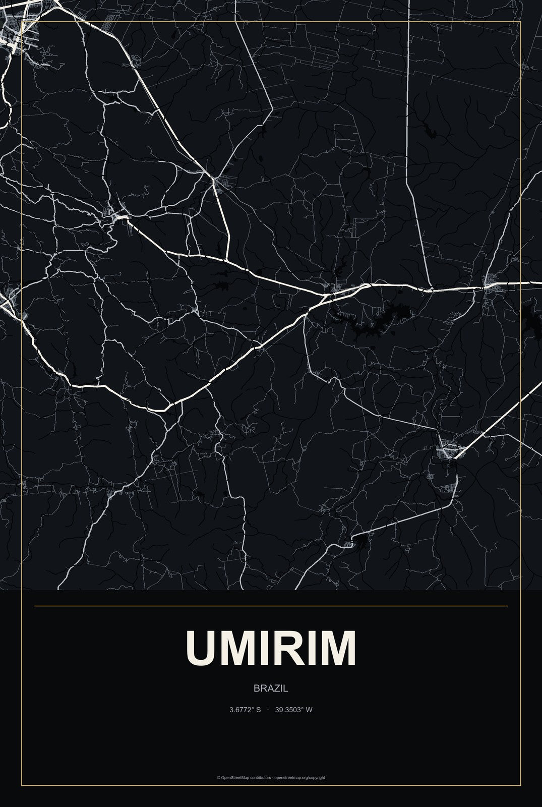Umirim, Brazil City Map Aluminum Sign in Metropolitan Noir style
