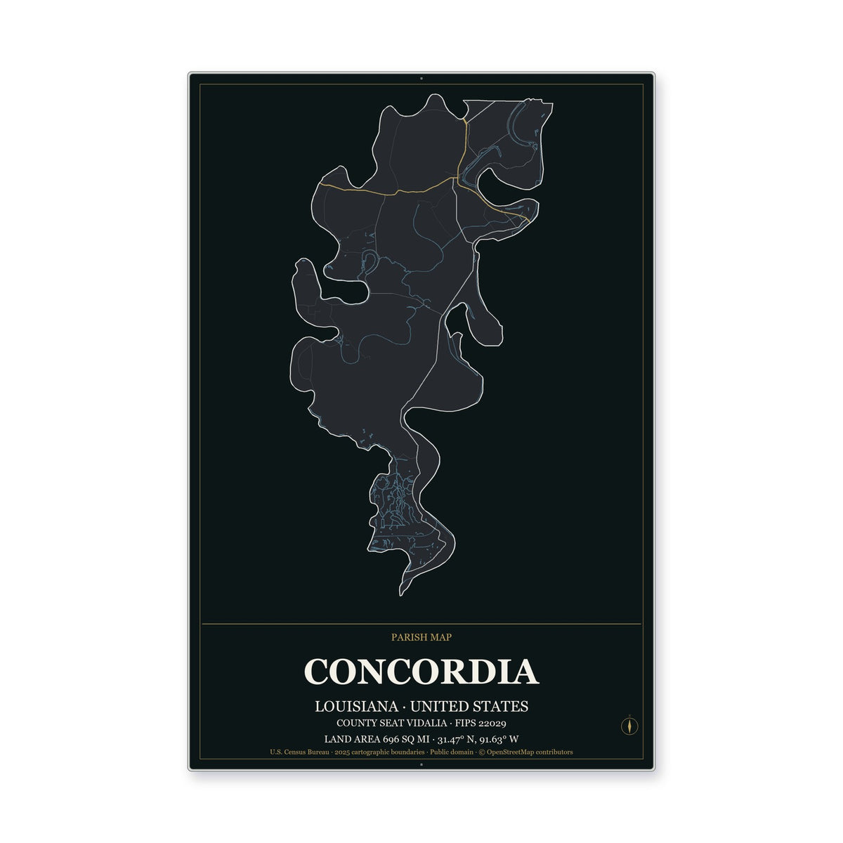 Concordia Parish, Louisiana Map Aluminum Sign in Metropolitan Noir style