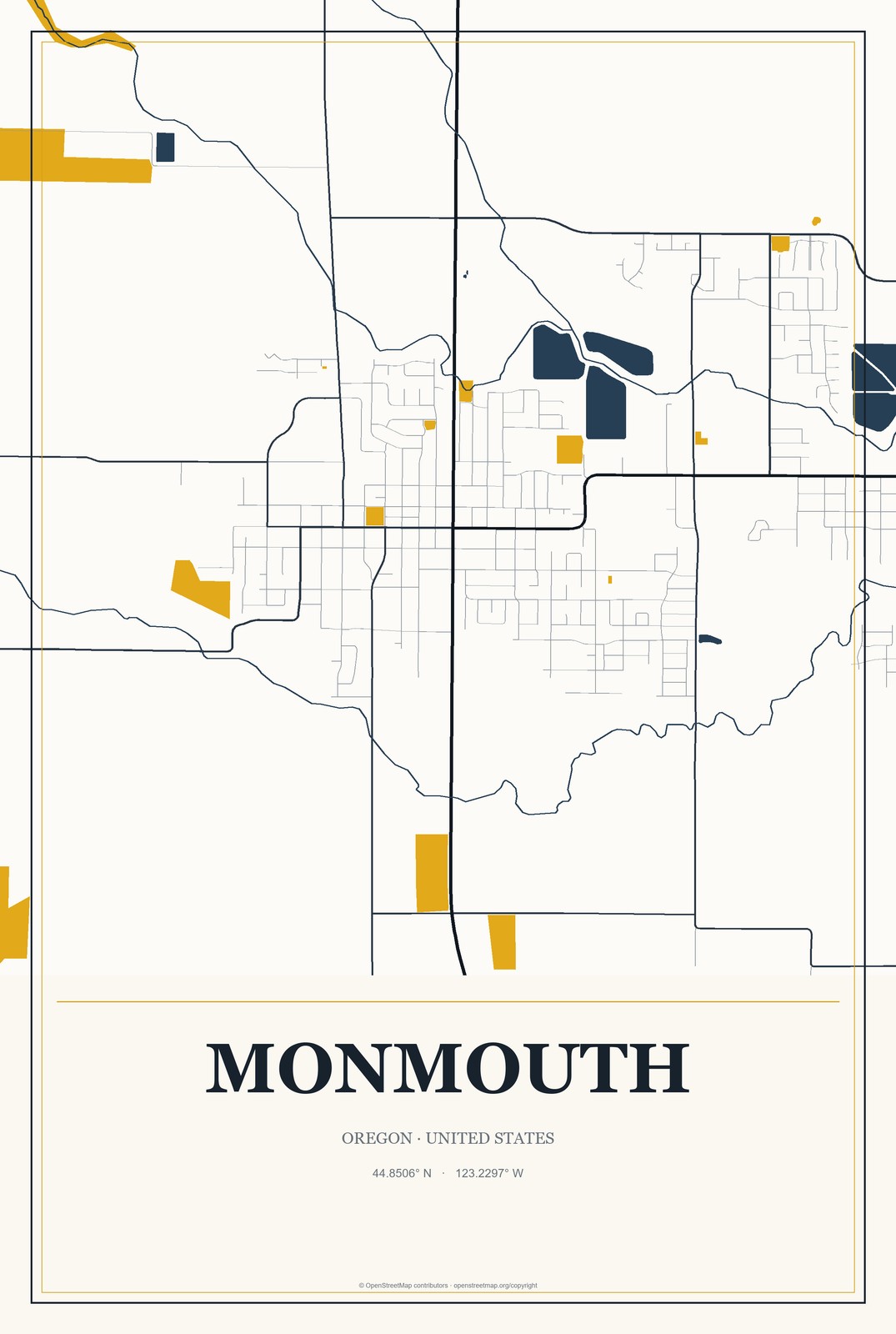 Monmouth, Oregon City Map Aluminum Sign in Citrine Modern style