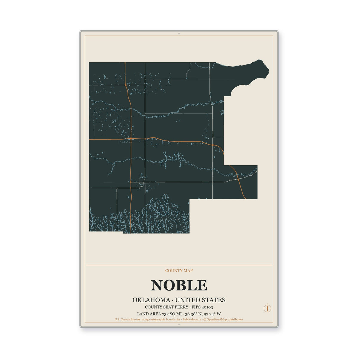Noble County, Oklahoma Map Aluminum Sign in Headline Atlas style