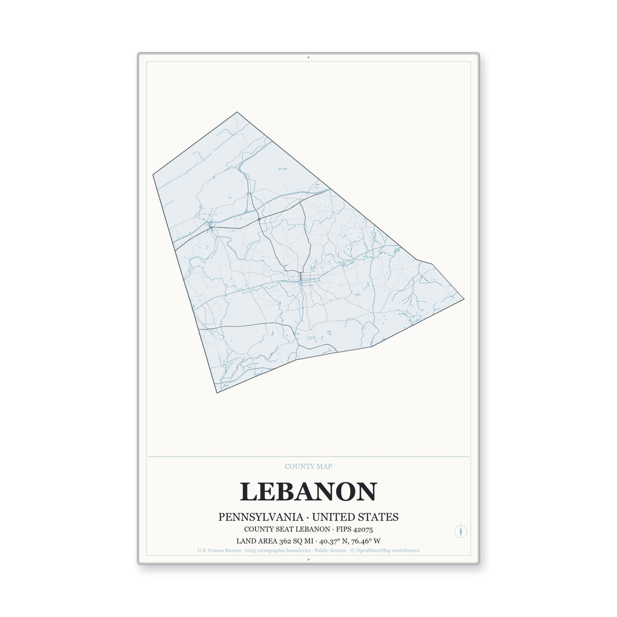 Lebanon County, Pennsylvania Map Aluminum Sign in Gallery Air style