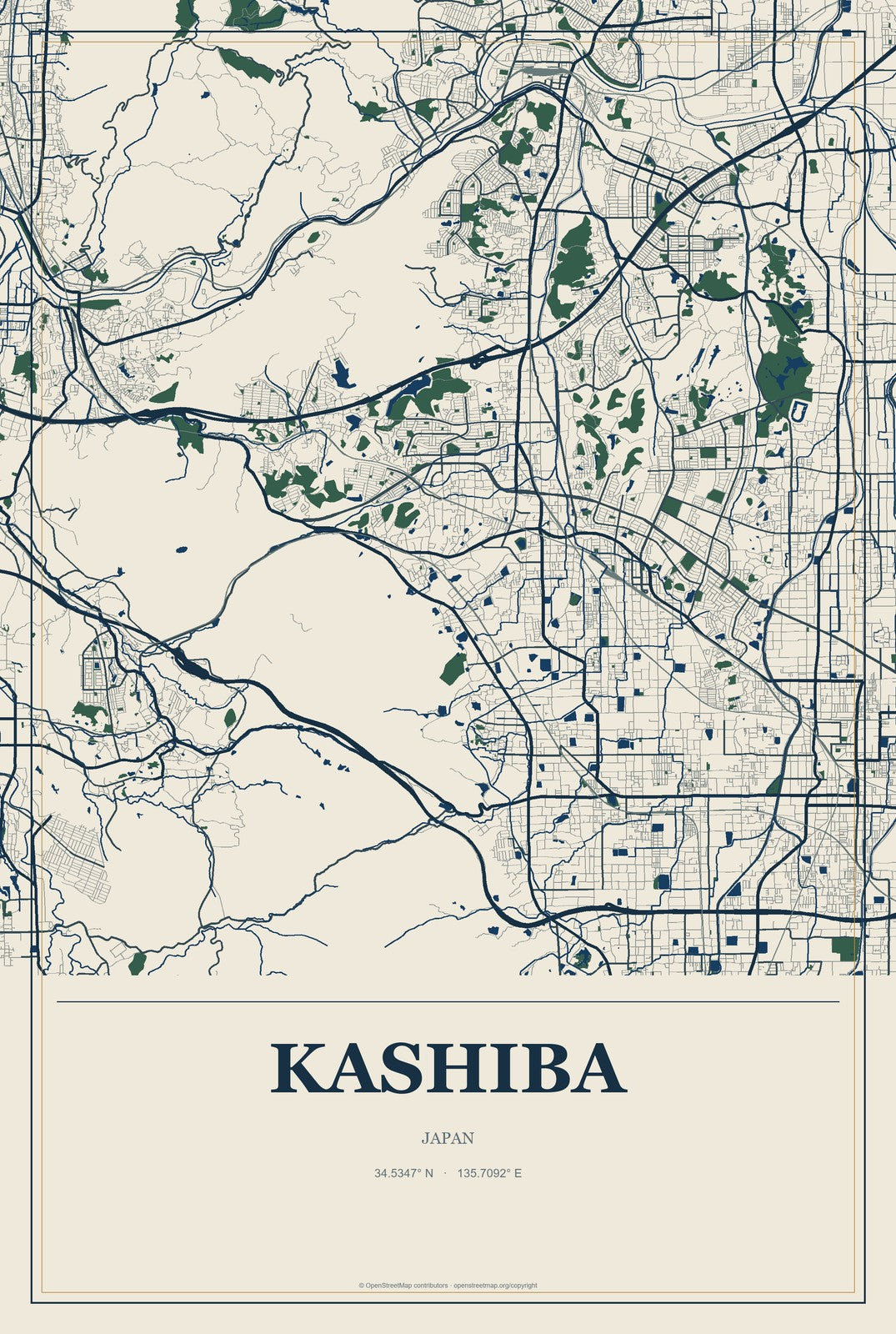 Kashiba, Japan City Map Aluminum Sign in Coastal Cutout style