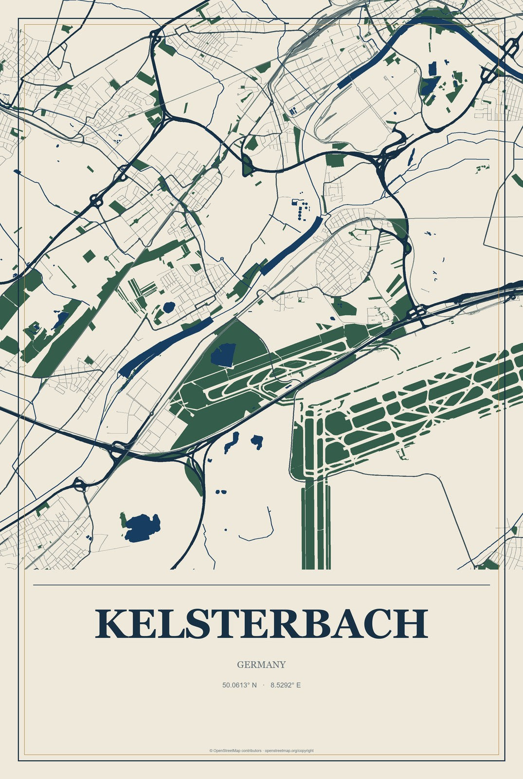 Kelsterbach, Germany City Map Aluminum Sign in Coastal Cutout style