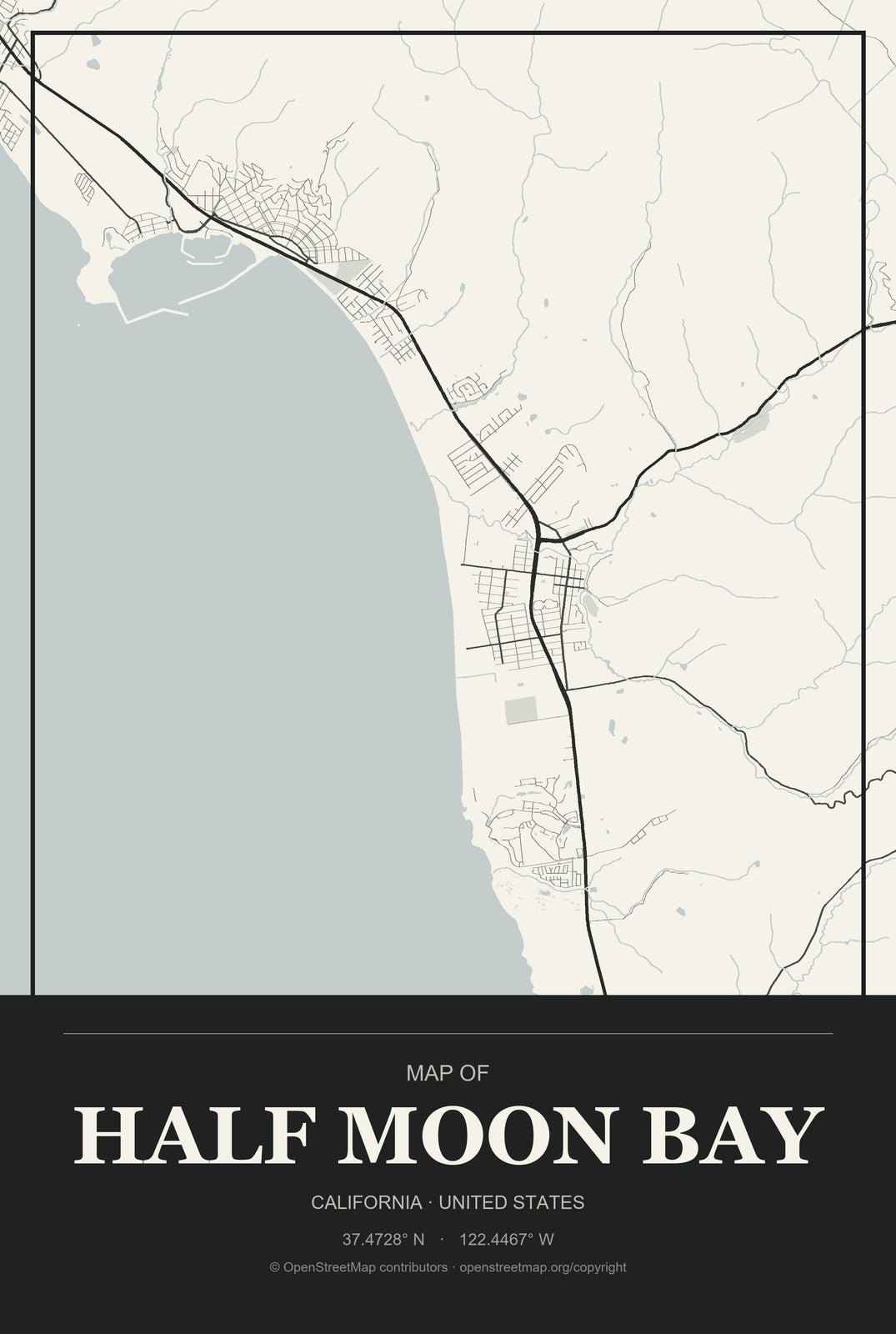 Half Moon Bay, California City Map Aluminum Sign in Museum Plaque style