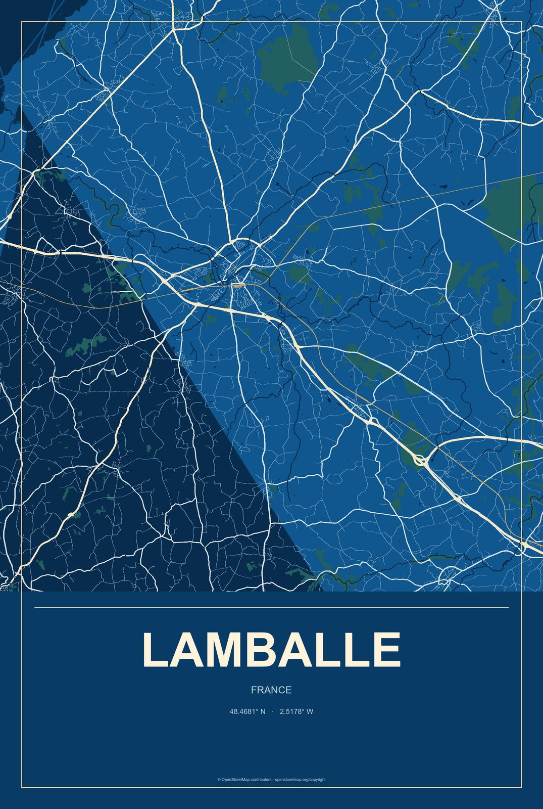 Lamballe, France City Map Aluminum Sign in Harbor Cobalt style