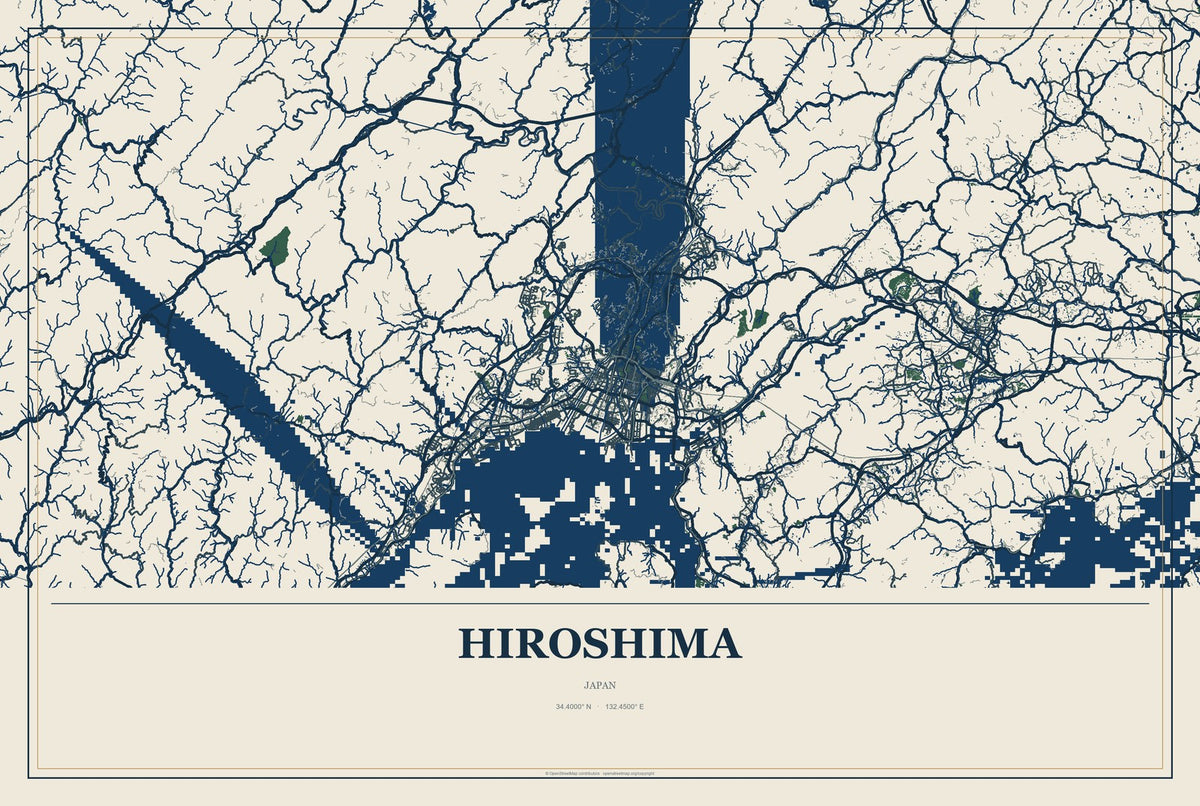 Hiroshima, Japan City Map Aluminum Sign in Coastal Cutout style