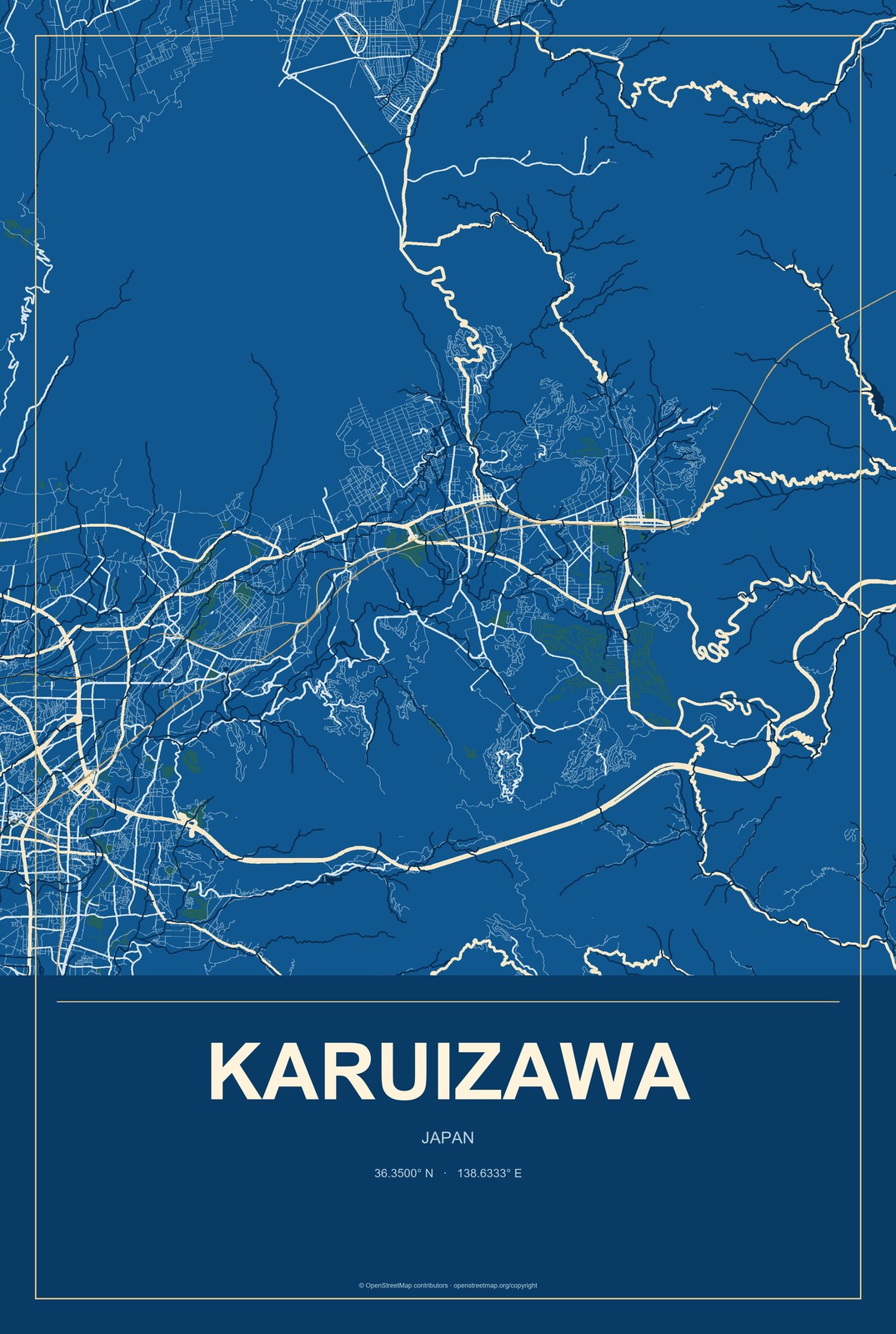 Karuizawa, Japan City Map Aluminum Sign in Harbor Cobalt style