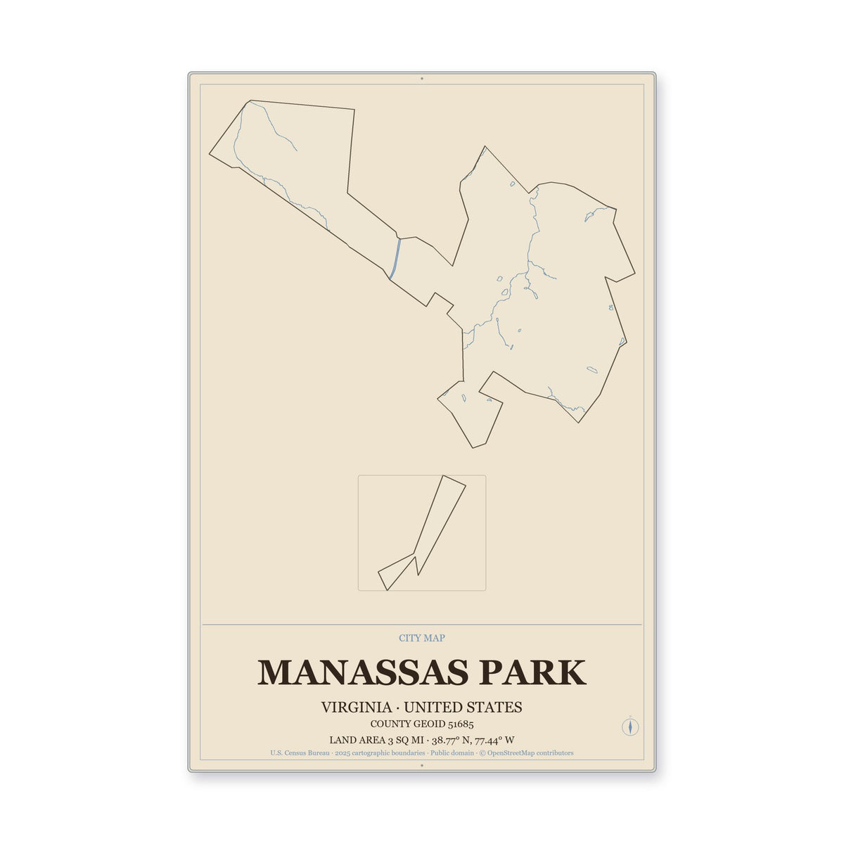 Manassas Park city, Virginia Map Aluminum Sign in Heritage Nautical style