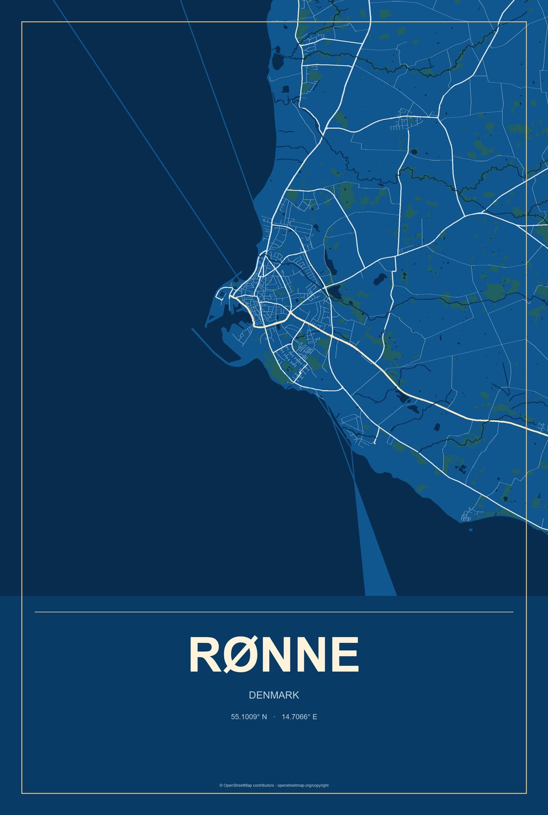 Rønne, Denmark City Map Aluminum Sign in Harbor Cobalt style