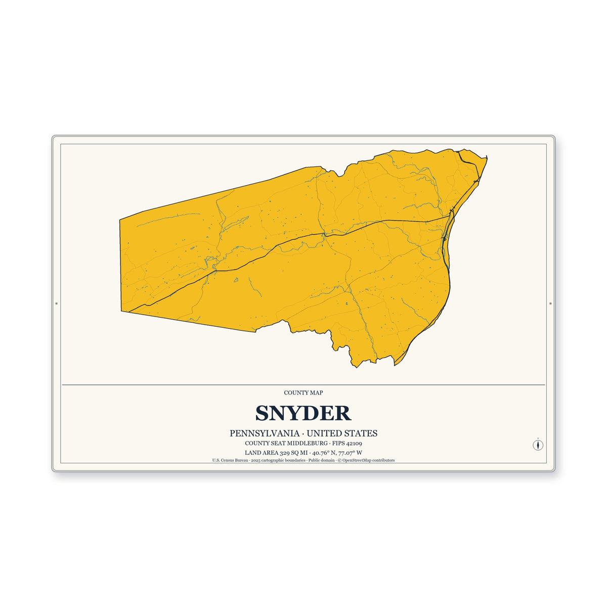 Snyder County, Pennsylvania Map Aluminum Sign in Citrine Modern style