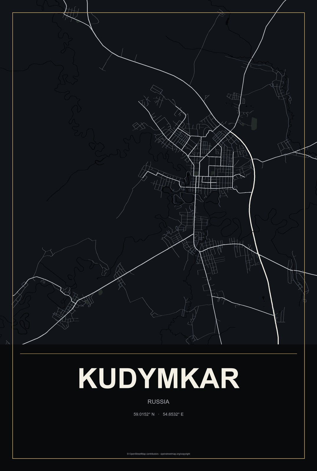 Kudymkar, Russia City Map Aluminum Sign in Metropolitan Noir style